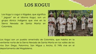 LOS KOGUI
Los Kogui o cogui o Kágaba, que significa
" jaguar" en el idioma Kogui, son un
grupo étnico indígena que vive en la
Sierra Nevada de Santa Marta en
Colombia.
Los Kogui son un pueblo amerindio de Colombia, que habita en la
vertiente norte de la Sierra Nevada de Santa Marta en los valles de los
ríos Don Diego, Palomino, San Migue y Ancho, El 74% vive en el
departamento del Magdalena.
.
 