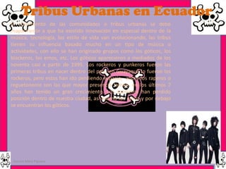 Tribus Urbanas en Ecuador
•   El crecimiento de las comunidades o tribus urbanas se debe
    mayormente a que ha existido innovación en especial dentro de la
    música, tecnología, los estilo de vida van evolucionando, las tribus
    tienen su influencia basado mucho en un tipo de música o
    actividades, con ello se han originado grupos como los góticos, los
    blackeros, los emos, etc. Los góticos aparecieron a mediados de los
    noventa casi a partir de 1995. Los rockeros y punkeros fueron las
    primeras tribus en nacer dentro del país, en Guayaquil lo fueron los
    rockeros, pero estos han ido perdiendo espacio, ahora los raperos o
    reguetoneros son las que mayor presencia tienen, en los últimos 7
    años han tenido un gran crecimiento. Los punkeros han perdido
    posición dentro de nuestra ciudad, así mismo los emos y por debajo
    se encuentran los góticos.




     Garces Mera Piguave                                                   10
 