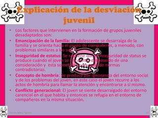 Explicación de la desviación
                juvenil
• Los factores que intervienen en la formación de grupos juveniles
  desadaptados son:
• Emancipación de la familia: El adolescente se desarraiga de la
  familia y se orienta hacia el grupo de compañeros, a menudo, con
  problemas similares a los suyos.
• Inseguridad de estatus: Se sostiene que la inseguridad de status se
  produce cuando el joven se encuentra desposeído de una
  consideración y esta sometido a una serie de normas
  contradictorias.
• Concepto de hombría: Se produce por ignorancia del entorno social
  y de los problemas del joven, en este caso el joven recurre a los
  actos de hombría para llamar la atención y encontrarse a sí mismo.
• Conflicto generacional: El joven se siente desarraigado del entorno
  carencial en el que habita y entonces se refugia en el entorno de
  compañeros en la misma situación.

Garces Mera Piguave                                                13
 