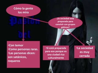 Cómo la gente
los mira
¿la sociedad esta
preparada para
convivir con grupos
góticos?

•Con temor
•Como personas raras.
•Las personas dicen:
son satánicos,
roqueros

•Si está preparada
para eso porque es
una ciudad rica
culturalmente

•La sociedad
es muy
cerrada

 