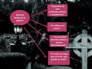 Qué hay
detrás de lo
gótico?

•¨Expresión de
arte
profundo, pintura
y arquitectura¨

•¨Se refiere a lo
oscuro¨

• ¨La oscuridad
permite analizar y
pensar
detenidamente¨.

“Es como un ciego
que ve la luz, que
puede ver todo”.

 