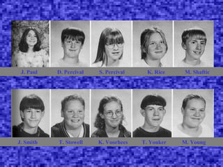 J. Paul   D. Percival   S. Percival    K. Rice    M. Shaftic




J. Smith   T. Stowell    K. Voorhees   T. Youker   M. Young
 