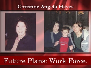 Christine Angela Hayes




 Future Plans: Work Force.
  Senior Quote: In the darkness I found an old man. I had only one
possession, a flashlight. I gave it to him, and he told me he was blind.
 