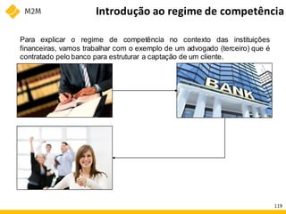 Para explicar o regime de competência no contexto das instituições
financeiras, vamos trabalhar com o exemplo de um advogado (terceiro) que é
contratado pelo banco para estruturar a captação de um cliente.
Introdução ao regime de competência
119
 