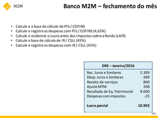 Banco M2M – fechamento do mês
• Calcule e a base de cálculo de PIS / COFINS
• Calcule e registreas despesas com PIS / COFINS (4,65%)
• Calcule e evidencie o Lucro antes dos Impostos sobrea Renda (LAIR)
• Calcule a base de cálculo de IR/ CSLL (45%)
• Calcule e registreas despesas com IR/ CSLL (45%)
DRE – Janeiro/2016
Rec. Juros e Similares
Desp. Juros e Similares
Receita de serviços
AjusteMTM
Resultado de Eq. Patrimonial
Despesas comimpostos
Lucro parcial
2.309
-389
800
208
8.000
-25
10.903
165
 