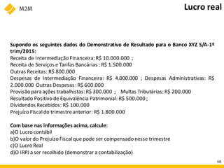 Supondo os seguintes dados do Demonstrativo de Resultado para o Banco XYZ S/A-1º
trim/2015:
Receita de Intermediação Financeira: R$ 10.000.000 ;
Receita de Serviços e Tarifas Bancárias : R$ 1.500.000
Outras Receitas: R$ 800.000
Despesas de Intermediação Financeira: R$ 4.000.000 ; Despesas Administrativas: R$
2.000.000 Outras Despesas: R$ 600.000
Provisão para ações trabalhistas: R$ 300.000 ; Multas Tributárias: R$ 200.000
Resultado Positivo de Equivalência Patrimonial: R$ 500.000 ;
Dividendos Recebidos: R$ 100.000
Prejuízo Fiscaldo trimestreanterior: R$ 1.800.000
Com base nas informações acima, calcule:
a)O Lucro contábil
b)O valor do Prejuízo Fiscalque pode ser compensado nesse trimestre
c)O Lucro Real
d)O IRPJ a ser recolhido (demonstrar a contabilização)
Lucro real
48
 