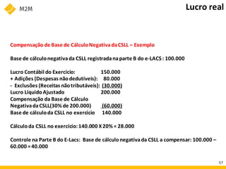 Compensação de Base de CálculoNegativadaCSLL – Exemplo
Base de cálculonegativada CSLL registradanaparte B do e-LACS : 100.000
Lucro Contábil do Exercício: 150.000
+ Adições (Despesas nãodedutíveis): 80.000
- Exclusões (Receitas nãotributáveis): (30.000)
Lucro LíquidoAjustado 200.000
Compensação da Base de Cálculo
NegativadaCSLL(30% de 200.000) (60.000)
Base de cálculoda CSLL no exercício 140.000
Cálculoda CSLL no exercício:140.000 X20% = 28.000
Controle na Parte B do E-Lacs: Base de cálculonegativada CSLL a compensar: 100.000 –
60.000 =40.000
Lucro real
57
 