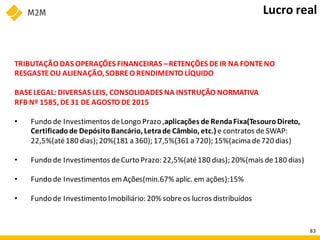 TRIBUTAÇÃO DAS OPERAÇÕES FINANCEIRAS –RETENÇÕES DEIR NA FONTENO
RESGASTEOU ALIENAÇÃO, SOBREO RENDIMENTO LÍQUIDO
BASELEGAL:DIVERSAS LEIS, CONSOLIDADES NA INSTRUÇÃO NORMATIVA
RFB Nº 1585, DE31 DE AGOSTO DE 2015
• Fundo de Investimentos deLongo Prazo ,aplicações de RendaFixa(TesouroDireto,
Certificadode DepósitoBancário, Letrade Câmbio, etc.) e contratos de SWAP:
22,5%(até180 dias); 20%(181 a 360); 17,5%(361 a 720); 15%(acima de720 dias)
• Fundo de Investimentos deCurto Prazo: 22,5%(até180 dias); 20%(mais de180 dias)
• Fundo de Investimentos emAções(min.67% aplic. em ações):15%
• Fundo de Investimento Imobiliário: 20% sobreos lucros distribuídos
Lucro real
83
 