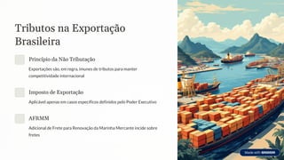 Tributos na Exportação
Brasileira
Princípio da Não Tributação
Exportações são, em regra, imunes de tributos para manter
competitividade internacional
Imposto de Exportação
Aplicável apenas em casos específicos definidos pelo Poder Executivo
AFRMM
Adicional de Frete para Renovação da Marinha Mercante incide sobre
fretes
 