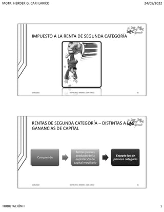 MGTR. HERDER G. CARI LARICO 24/05/2022
TRIBUTACIÓN I 1
IMPUESTO A LA RENTA DE SEGUNDA CATEGORÍA
24/05/2022 MGTR. CPCC. HERDER G. CARI LARICO 55
RENTAS DE SEGUNDA CATEGORÍA – DISTINTAS A LAS
GANANCIAS DE CAPITAL
Comprende
Rentas pasivas
producto de la
explotación de
capital moviliario
Excepto las de
primera categoría
24/05/2022 MGTR. CPCC. HERDER G. CARI LARICO 56
que se puede trasladar de un lugar a otro,
las acciones ,bonos
 