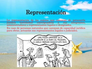 Representación
La representación de los sujetos que carezcan de personería
jurídica (entidades) corresponderá a sus integrantes,
administradores o representantes legales o designados.
En caso de personas naturales que carezcan de capacidad jurídica
para obrar, actuarán sus representantes legales o judiciales.
 