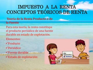 IMPUESTO A LA RENTA
CONCEPTOS TEÓRICOS DE RENTA
Teoría de la Renta Producto o de
la Fuente
Para esta teoría, la renta constituye
el producto periódico de una fuente
durable en estado de explotación.
Elementos:
Producto
Periódico
Fuente durable
Estado de explotación:
 