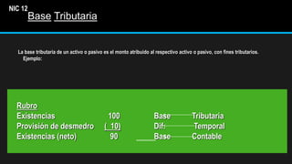 Base Tributaria
La base tributaria de un activo o pasivo es el monto atribuido al respectivo activo o pasivo, con fines tributarios.
Ejemplo:
Rubro
Existencias 100 Base Tributaria
Provisión de desmedro ( 10) Dif. Temporal
Existencias (neto) 90 Base Contable
NIC 12
 