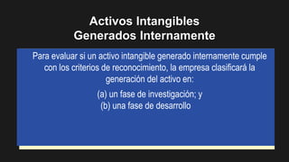 Activos Intangibles
Generados Internamente
Para evaluar si un activo intangible generado internamente cumple
con los criterios de reconocimiento, la empresa clasificará la
generación del activo en:
(a) un fase de investigación; y
(b) una fase de desarrollo
 