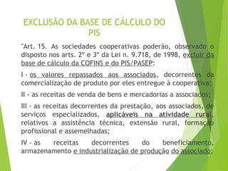 EXCLUSÃO DA BASE DE CÁLCULO DO
PIS
"Art. 15. As sociedades cooperativas poderão, observado o
disposto nos arts. 2º e 3º da Lei n. 9.718, de 1998, excluir da
base de cálculo da COFINS e do PIS/PASEP:
I - os valores repassados aos associados, decorrentes da
comercialização de produto por eles entregue à cooperativa;
II - as receitas de venda de bens e mercadorias a associados;
III - as receitas decorrentes da prestação, aos associados, de
serviços especializados, aplicáveis na atividade rural,
relativos a assistência técnica, extensão rural, formação
profissional e assemelhadas;
IV - as receitas decorrentes do beneficiamento,
armazenamento e industrialização de produção do associado;
14
 