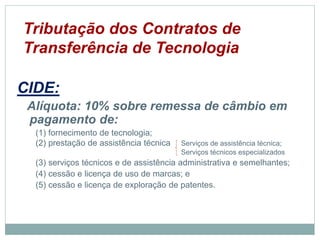 Tributação dos Contratos de
Transferência de Tecnologia
CIDE:
Alíquota: 10% sobre remessa de câmbio em
pagamento de:
(1) fornecimento de tecnologia;
(2) prestação de assistência técnica Serviços de assistência técnica;
Serviços técnicos especializados
(3) serviços técnicos e de assistência administrativa e semelhantes;
(4) cessão e licença de uso de marcas; e
(5) cessão e licença de exploração de patentes.
©2016 - Rede Inova São Paulo e JulianaViegas.
Todos os direitos reservados. Proibida a reprodução integral ou parcial sem o consentimento dos autores por escrito.
 
