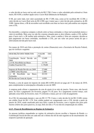 o valor devido no lucro real no mês seria de R$ 2.700. Como o valor calculado pela estimativa é bem maior, R$ 4.050, a melhor opção seria o Lucro Real (Balancete de Redução). 
O IR, por outro lado, tem valor acumulado de R$ 17.200, mas, como já foi recolhido R$ 12.300, o valor devido no Lucro Real seria de R$ 4.900, que é maior que o valor devido pela estimativa, de R$ 5.000. Apesar disso, o IR de novembro será recolhido com base no lucro real, pela análise em conjunto com a CSL. 
Em dezembro, a empresa compara o cálculo entre as bases estimadas e a base real acumulada menos o valor já recolhido. Mais uma vez não há a mesma situação para os dois tributos, sendo a CSL melhor para o lucro real e o IR melhor pela estimativa. Mas, como a análise é feita em conjunto, decidiu-se pelo pagamento em bases estimadas, recolhendo a CSL, por um valor um pouco acima do que o efetivamente devido pelo lucro real. 
Em março de 2010 será feita a prestação de contas (financeira) com a Secretaria da Receita Federal, que irá verificar o seguinte: 
DESCRIÇÃO DOS TRIBUTOS 
VALOR EM R$ 
Contribuição Social Devida em 2009 
12.600 
(-) CSL Recolhida nas Bases 
13.770 
Crédito Fiscal de CSL 
1.170,00 
Imposto de Renda Devido em 2009 
27.000 
(-) IRRF sobre Receitas 
2.400 
(-) IR Recolhido nas Bases Estimadas 
20.550 
IR Devido na Conta de Ajuste 
4.050 
Portanto, a cota de ajuste do imposto de renda (R$ 4.050) deverá ser paga até 31 de março de 2010, para complementar as antecipações efetuadas no ano de 2009. 
A empresa pode efetuar o pagamento da cota de ajuste já no mês de janeiro. Neste caso, não haverá juros. Se fizer o pagamento em fevereiro, pagará 1% de juros. Se o pagamento ocorrer março, será aplicada a taxa Selic de fevereiro, mais 1% referente a março, por ser o mês de pagamento. 
Já a CSL foi antecipada durante o ano em R$ 13.770. Como o valor devido foi de R$ 12.600, restou um crédito fiscal de R$ 1.170. Este crédito poderá ser compensado com a CSL devida a partir de janeiro de 2010, sendo atualizado pela taxa Selic a partir de fevereiro, com o registro dos juros pelo mesmo critério dos juros passivos, ou seja, Selic do mês e 1% no mês de compensação do crédito. 
6.2.5 - Prazo de Recolhimento no Regime de Estimativa 
As pessoas jurídicas enquadradas no regime de estimativa devem recolher o Imposto de Renda e a Contribuição Social devidos em cada mês até o último dia útil do mês seguinte ao de encerramento do respectivo período de apuração. 
 