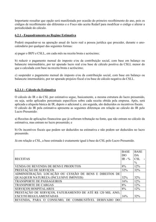 Importante ressaltar que opção será manifestada por ocasião do primeiro recolhimento do ano, pois os códigos de recolhimento são diferentes e o Fisco não aceita Redarf para modificar o código e alterar a periodicidade do cálculo. 
6.2.1 - Enquadramento no Regime Estimativa 
Poderá enquadrar-se na apuração anual do lucro real a pessoa jurídica que proceder, durante o ano- calendário por qualquer das seguintes formas: 
a) pagar o IRPJ e CSLL, em cada mês na receita bruta e acréscimo; 
b) reduzir o pagamento mensal do imposto e/ou da contribuição social, com base em balanço ou balancete intermediário, por ter apurado lucro real e/ou base de cálculo positiva da CSLL menor do que a calculada com base na receita bruta e acréscimo; 
c) suspender o pagamento mensal do imposto e/ou da contribuição social, com base em balanço ou balancete intermediário, por ter apurado prejuízo fiscal e/ou base de cálculo negativa da CSLL. 
6.2.1.1 - Cálculo da Estimativa 
O cálculo do IR e da CSL por estimativa segue, basicamente, a mesma estrutura do lucro presumido, ou seja, serão aplicados percentuais específicos sobre cada receita obtida pela empresa. Após, será aplicada a alíquota básica de IR, depois o adicional e, em seguida, são deduzidos os incentivos fiscais. 
O cálculo do IR pela estimativa apresenta as seguintes diferenças em relação ao cálculo do IR pelo Lucro Presumido: 
a) Receitas de aplicações financeiras que já sofreram tributação na fonte, que não entram no cálculo da estimativa, mas entram no lucro presumido; e 
b) Os incentivos fiscais que podem ser deduzidos na estimativa e não podem ser deduzidos no lucro presumido. 
Já em relação a CSL, a base estimada é exatamente igual à base da CSL pelo Lucro Presumido. 
RECEITAS 
BASE DO 
IR - % 
BASE DA 
CSL - % 
VENDA OU REVENDA DE BENS E PRODUTOS 
8% 
12% 
PRESTAÇÃO DE SERVIÇOS 
32% 
32% 
ADMINISTRAÇÃO, LOCAÇÃO OU CESSÃO DE BENS E DIREITOS DE QUALQUER NATUREZA (INCLUSIVE IMÓVEIS) 
32% 
32% 
TRANSPORTE DE PASSAGEIROS 
16% 
12% 
TRANSPORTE DE CARGAS 
8% 
12% 
SERVIÇOS HOSPITALARES 
8% 
12% 
PRESTAÇÃO DE SERVIÇOS, FATURAMENTO DE ATÉ R$ 120 MIL ANO, EXCETO REGULAMENTADAS 
16% 
32% 
REVENDA, PARA O CONSUMO, DE COMBUSTÍVEL DERIVADO DO 
 