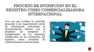Una vez que evalúen la solicitud,
proceden a un requerimiento único
de información solicitando la
documentación faltante con el
propósito de completar el
cumplimiento de los requisitos
establecidos en las normativas del
régimen como sociedad de
comercialización internacional.
 