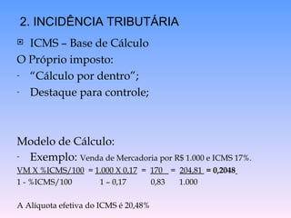 ICMS – Base de Cálculo O Próprio imposto: “ Cálculo por dentro”; Destaque para controle; Modelo de Cálculo: Exemplo:  Venda de Mercadoria por R$ 1.000 e ICMS 17%. VM X %ICMS/100   =  1.000 X 0,17   =  170  =   204,81  = 0,2048   1 - %ICMS/100 1 – 0,17  0,83  1.000 A Alíquota efetiva do ICMS é 20,48% 2. INCIDÊNCIA TRIBUTÁRIA 