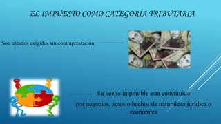 EL IMPUESTO COMO CATEGORÍA TRIBUTARIA
Son tributos exigidos sin contraprestación
Su hecho imponible esta constituido
por negocios, actos o hechos de naturaleza jurídica o
económica
 