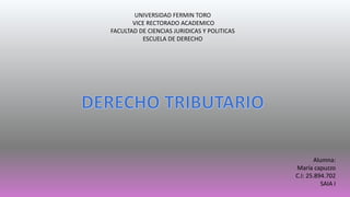 UNIVERSIDAD FERMIN TORO
VICE RECTORADO ACADEMICO
FACULTAD DE CIENCIAS JURIDICAS Y POLITICAS
ESCUELA DE DERECHO
Alumna:
María capuzzo
C.I: 25.894.702
SAIA I
 