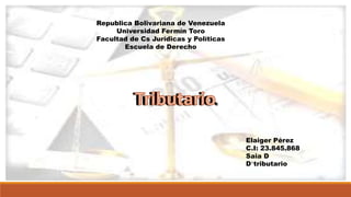 Republica Bolivariana de Venezuela
Universidad Fermín Toro
Facultad de Cs Jurídicas y Políticas
Escuela de Derecho
Elaiger Pérez
C.I: 23.845.868
Saia D
D°tributario
 