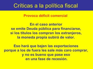 Críticas a la política fiscal  Provoca déficit comercial  En el caso anterior  se emite Deuda pública para financiarse,  si los títulos los compran los extranjeros,  la moneda propia subirá de valor.  Eso hará que bajen las exportaciones  porque a los de fuera les sale más caro comprar,  y no es bueno que pase eso  en una fase de recesión. 