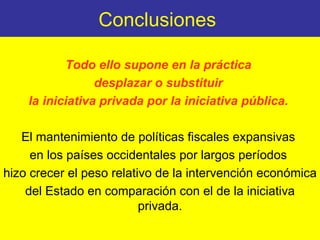 Conclusiones  Todo ello supone en la práctica  desplazar o substituir  la iniciativa privada por la iniciativa pública.  El mantenimiento de políticas fiscales expansivas  en los países occidentales por largos períodos  hizo crecer el peso relativo de la intervención económica  del Estado en comparación con el de la iniciativa privada. 