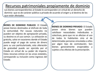 Recursos patrimoniales propiamente de dominio
Los bienes correspondientes al Estado le corresponden en virtud de un derecho de
dominio que es de carácter público o privado de acuerdo al origen y al destino de los
que están afectados.
BIENES DE DOMINIO PUBLICO: El Estado
posee bienes destinados al disfrute de toda
la comunidad. Por causas naturales no
pueden ser objetos de apropiación privada,
su destino es el uso común. La utilización es
gratuita, salvo en ocasiones donde el Estado
puede exigir el pago de sumas de dinero
para su uso particularizado, esta alteración
de gratuidad puede ser ejercida por el
Estado en virtud de su poder de imperio.
Estos recursos entran en las arcas estatales,
corresponde su inclusión como ingresos del
Estado.
BIENES DE DOMINIO PRIVADO: El Estado
posee otros bienes que pueden
satisfacer necesidades individuales o
colectivas, pero que no se afectan al uso
de todos lo habitantes sino al de
determinadas personas vinculadas a ellos
por algún tipo de contratación. Son
bienes generalmente enajenables y
sujetos a los efectos de la prescripción.
 