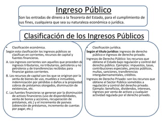 Ingreso Público
Son las entradas de dinero a la Tesorería del Estado, para el cumplimiento de
sus fines, cualquiera que sea su naturaleza económica o jurídica.
Clasificación de los Ingresos Públicos
• Clasificación económica.
Según esta clasificación los ingresos públicos se
clasifican en corrientes, recursos de capital y
fuentes financieras.
A. Los ingresos corrientes son aquellos que proceden de
ingresos tributarios, no tributarios, petroleros y no
petroleros y de transferencias recibidas para
financiar gastos corrientes.
B. Los recursos de capital son los que se originan por la
venta de bienes de uso, muebles e inmuebles,
indemnización por pérdidas o daños a la propiedad,
cobros de préstamos otorgados, disminución de
existencias, etc.
C. Las fuentes financieras se generan por la disminución
de activos financieros (uso de disponibilidades,
venta de bonos y acciones, recuperación de
préstamos, etc.) y el incremento de pasivos
(obtención de préstamos, incremento de cuentas
por pagar, etc.)
• Clasificación jurídica.
Según el título jurídico: ingresos de derecho
público e ingresos de derecho privado.
Ingresos de Derecho Público: los recursos que
obtiene el Estado bajo regulación y control del
derecho público. Ejemplos: impuestos, tasas,
contribuciones especiales, precios públicos,
multas, sanciones, transferencias
intergubernamentales, créditos.
Ingresos de Derecho Privado: son los recursos que
obtiene el Sector Público sometidos a
regulación y control del derecho privado.
Ejemplo: beneficios, dividendos, intereses,
ingresos por venta de activos y cualquier
actividad regulada por el derecho privado.
 