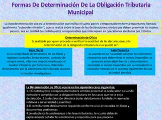 La Autodeterminación que es la determinación que realiza el sujeto pasivo o responsable en forma espontanea llamada
igualmente “autodeterminación”, que se realiza sobre la base de las declaraciones juradas que deben presentar los sujetos
pasivos, sea en calidad de contribuyente o responsables que intervienen en operaciones afectadas por tributos
Base Cierta
es la comprobada directamente de los libros y
registros contables, facturaciones, contrato de
compra-venta, informes proporcionados por el
deudor tributario, por terceros u obtenidos
directamente por la administración tributaria durante
la función investigadora.
Base Presunta
es cuando no se ha podido obtener los elementos
necesarios para determinar el monto imponible, se
presume sobre algún hecho o circunstancias
conocidas el monto imponible por su vinculación o
conexión normal con lo previsto legalmente de una
actividad ejercida
La Determinación de Oficio ocurre en los siguientes casos siguientes:
1. El contribuyente o responsable hubiere omitido presentar la declaración o cuando
no hubiere cumplido con la obligación tributaria en los casos que no se exija
declaración. 2.La declaración ofreciera dudas debidamente fundadas y razonadas
relativas a su veracidad o exactitud.
3.El contribuyente debidamente requerido conforme a la Ley no exiba los libros y
documentos pertinentes.
4.Lo establezca las ordenanzas o las leyes tributarias, las cuales deberán
expresamente señalar las condiciones y requisitos para que proceda.
Determinación de Oficio
Es realizada por quien procede a verificar la exactitud de las declaraciones y la
determinación de la obligación tributaria la cual puede ser:
 