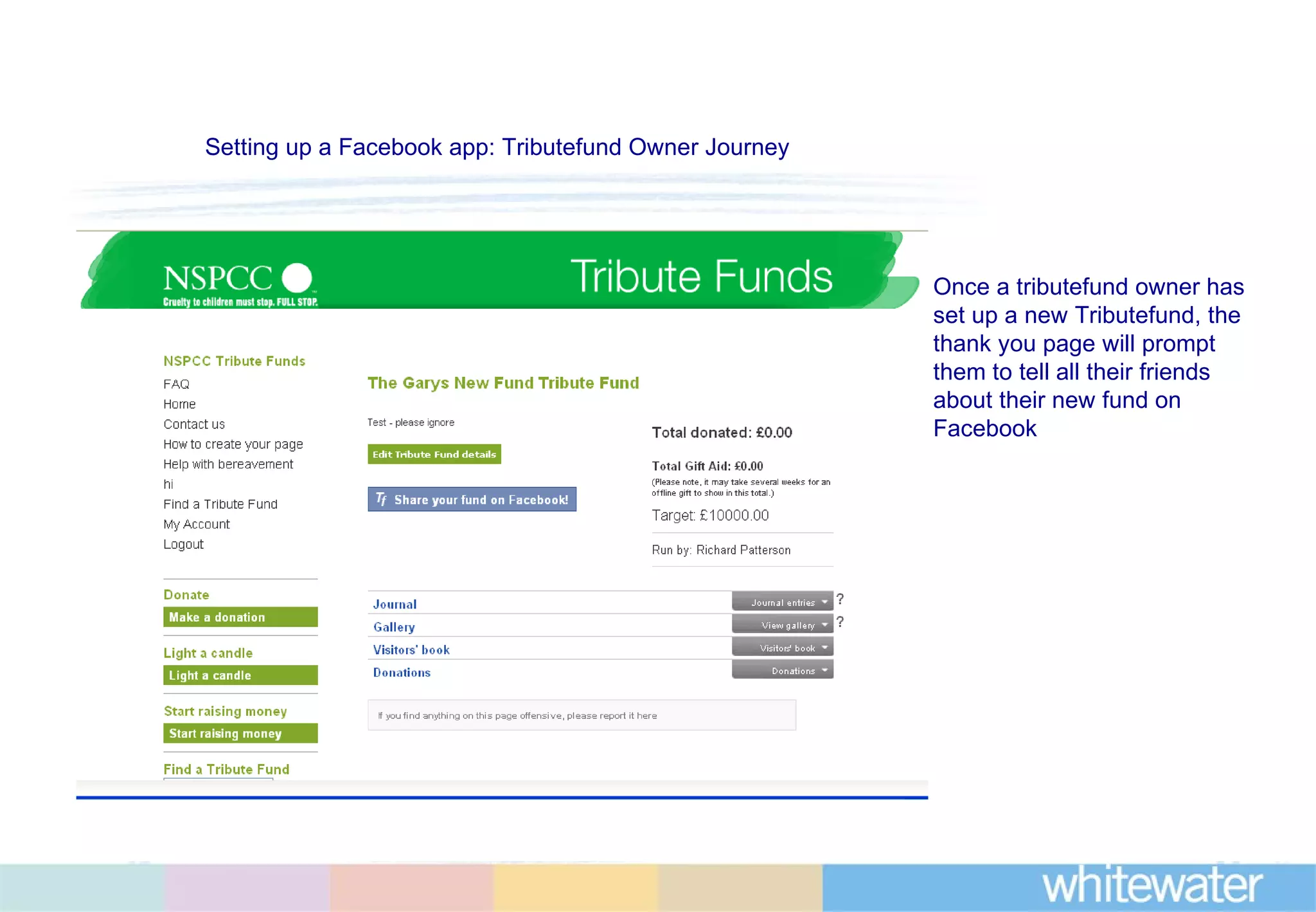 Once a tributefund owner has set up a new Tributefund, the thank you page will prompt them to tell all their friends about their new fund on Facebook Setting up a Facebook app: Tributefund Owner Journey 