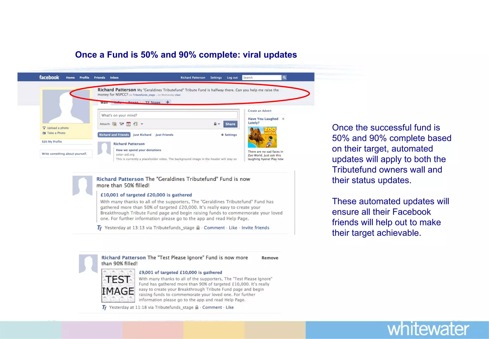 Once the successful fund is 50% and 90% complete based on their target, automated updates will apply to both the Tributefund owners wall and their status updates.  These automated updates will ensure all their Facebook friends will help out to make their target achievable. Once a Fund is 50% and 90% complete: viral updates  