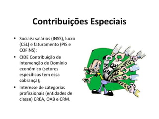Contribuições Especiais
• Sociais: salários (INSS), lucro
(CSL) e faturamento (PIS e
COFINS);
• CIDE Contribuição de
Intervenção de Domínio
econômico (setores
específicos tem essa
cobrança);
• Interesse de categorias
profissionais (entidades de
classe) CREA, OAB e CRM.
 