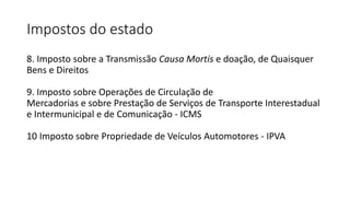 Impostos do estado
8. Imposto sobre a Transmissão Causa Mortis e doação, de Quaisquer
Bens e Direitos
9. Imposto sobre Operações de Circulação de
Mercadorias e sobre Prestação de Serviços de Transporte Interestadual
e Intermunicipal e de Comunicação - ICMS
10 Imposto sobre Propriedade de Veículos Automotores - IPVA
 