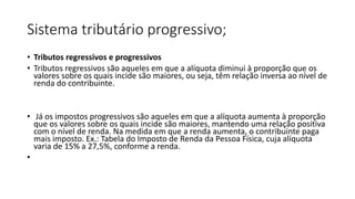 Sistema tributário progressivo;
• Tributos regressivos e progressivos
• Tributos regressivos são aqueles em que a alíquota diminui à proporção que os
valores sobre os quais incide são maiores, ou seja, têm relação inversa ao nível de
renda do contribuinte.
• Já os impostos progressivos são aqueles em que a alíquota aumenta à proporção
que os valores sobre os quais incide são maiores, mantendo uma relação positiva
com o nível de renda. Na medida em que a renda aumenta, o contribuinte paga
mais imposto. Ex.: Tabela do Imposto de Renda da Pessoa Física, cuja alíquota
varia de 15% a 27,5%, conforme a renda.
•
 
