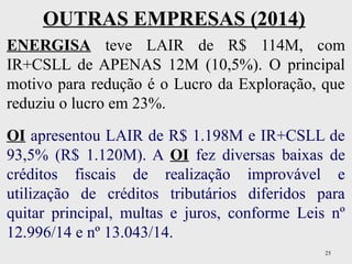 25
OUTRAS EMPRESAS (2014)
ENERGISA teve LAIR de R$ 114M, com
IR+CSLL de APENAS 12M (10,5%). O principal
motivo para redução é o Lucro da Exploração, que
reduziu o lucro em 23%.
OI apresentou LAIR de R$ 1.198M e IR+CSLL de
93,5% (R$ 1.120M). A OI fez diversas baixas de
créditos fiscais de realização improvável e
utilização de créditos tributários diferidos para
quitar principal, multas e juros, conforme Leis nº
12.996/14 e nº 13.043/14.
 