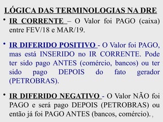 7
LÓGICA DAS TERMINOLOGIAS NA DRE
• IR CORRENTE – O Valor foi PAGO (caixa)
entre FEV/18 e MAR/19.
• IR DIFERIDO POSITIVO - O Valor foi PAGO,
mas está INSERIDO no IR CORRENTE. Pode
ter sido pago ANTES (comércio, bancos) ou ter
sido pago DEPOIS do fato gerador
(PETROBRAS).
• IR DIFERIDO NEGATIVO - O Valor NÃO foi
PAGO e será pago DEPOIS (PETROBRAS) ou
então já foi PAGO ANTES (bancos, comércio).
 