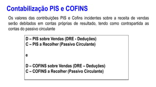 Contabilização PIS e COFINS
Os valores das contribuições PIS e Cofins incidentes sobre a receita de vendas
serão debitados em contas próprias de resultado, tendo como contrapartida as
contas do passivo circulante
D – PIS sobre Vendas (DRE - Deduções)
C – PIS a Recolher (Passivo Circulante)
e
D – COFINS sobre Vendas (DRE – Deduções)
C – COFINS a Recolher (Passivo Circulante)
 