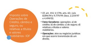 Imposto sobre
Operações de
Crédito, câmbio e
seguro, ou
relativas a títulos
e valores
mobiliários- IOF
• CF, art. 153, V; CTN, arts. 63-; Leis
8.894/94 e 9.779/99; Decs. 2.219/97
e 4.494/02.
• Fatos Geradores: operações: a) de
crédito; b) de câmbio; c) de seguro; d)
relativas a títulos e valores
mobiliários.
• Operações: atos ou negócios jurídicos
em que ocorre transmissão de um
direito.
 