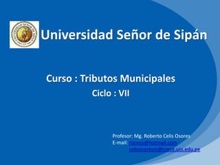 Universidad Señor de Sipán
Curso : Tributos Municipales
Ciclo : VII
Profesor: Mg. Roberto Celis Osores
E-mail: roceos@hotmail.com
celisosoresm@crece.uss.edu.pe
 