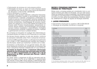 • Participação da empresa em outra pessoa jurídica;                  MICRO E PEQUENAS EMPRESAS - OUTRAS
• Participação do titular ou sócio em outra empresa (desde           FORMAS DE TRIBUTAÇÃO
  que participe com mais de 10% e que a soma dos faturamen-
  tos ultrapasse o limite de R$ 1.200.000,00);                       Muitas vezes a empresa poderia ser considerada micro ou pe-
• Sócio estrangeiro no exterior;                                     quena empresa para efeito de tributação, mas por estar enqua-
• Restrições pela atividade explorada: instituições financeiras,     drada nas vedações contidas na legislação, fica obrigada a tributar
  atividades imobiliárias, locação ou administração de imóveis,      com base no Lucro Presumido ou Lucro Real. Para que o empresá-
  armazenamento e depósito, propaganda e publicidade (ex-            rio tenha uma visão global das possibilidades tributárias existen-
  cluídos os veículos de comunicação), factoring, prestação de       tes, detalharemos a seguir as opções de tributação existentes.
  serviços de limpeza, conservação de locação de mão-de-obra,
  serviços profissionais, industrialização de produtos classifi-     I LUCRO PRESUMIDO
  cados nos capítulos 22 e 24 da TIPI (Tabela de Incidência do       • Faturamento anual igual ou superior a R$ 24.000.000,00
  Imposto sobre Produtos Industrializados), representante co-        • Tributação de empresas (comercial e industrial)
  mercial, clínicas médicas, de fonoaudiologia e de psicologia,
  serviços médicos hospitalares e assemelhados, montagens              COFINS                                                               3%
  de equipamentos industriais, avaliação de sinistros, inspeção        PIS                                                                0,65%
  e gerenciamento de riscos e prótese dentária.
                                                                       IRPJ                                                              Base de
Se a empresa se enquadrar em qualquer item relacionado aci-            Revenda de                                                        Cálculo
ma deverá tributar com base no Lucro Presumido ou Lucro Real.          Combustível                                                         1,6%
                                                                       Sociedades Civis                                                    32%
Os demais tributos vigentes no país são devidos, conforme
as operações realizadas pelas micro e pequenas empresas.               (*) Prestação de serviços em geral; intermediação de
                                                                       negócios; administração, locação ou cessão de bens
A Lei 9.317/1996 possibilita, também, a unificação de recolhimento     móveis e imóveis;administração de consórcios de bens
com o ICMS e o ISS, respectivamente impostos dos Estados e             duráveis; cessão de direitos de qualquer natureza;                  32%
                                                                       construção por administração ou empreitada
dos Municípios, desde que mantenham convênio com a União.              unicamente de mão-de-obra.
Os Estados e os Municípios, em sua grande maioria, vêm ado-            Serviços de transporte, exceto o de cargas.                         16%
tando legislações próprias para simplificação da tributação das        Revenda de mercadoria; venda de produtos de fabricação
micro e pequenas empresas estabelecidas em seus territórios.           própria; industrialização por encomenda; atividade rural;
                                                                       representação comercial por conta própria; loteamento de
No Estado do Espírito Santo, o tratamento diferenciado                 terrenos, incorporação imobiliária e venda de imóveis
aplicado às microempresas está autorizado pela Lei 6.032,              construídos ou adquiridos para revenda; execução de obras           8%
de 21/12/1999 e regulamentado nos artigos 145 a 162 do                 de construção civil com emprego de materiais; prestação de
Regulamento do ICMS, aprovado pelo Decreto 1.090-R,                    serviços hospitalares; transporte de cargas; outras
de 25/10/2002.                                                         atividades não-caracterizadas como prestação de serviços.
                                                                       Contribuição                                                      Base de
Na capital, Vitória, o pagamento do ISS por estimativa está dis-       Social                                                            Cálculo
posto nos artigos 13 a 19, da Lei 3.998/1993, e regulamentado          - Receita Bruta                                                    12%
pelo Decreto 10.331/1999, sendo aplicado a determinadas ativi-       (*) As atividades assinadas podem utilizar a base de cálculo de 16%, desde que as
dades previstas em Portarias do Secretário Municipal da Fazenda.     respectivas receitas não ultrapassem, em cada ano, o limite de R$ 120.000,00


8
 