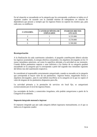 En tal situación se encuadrarán en la categoría que les corresponda -conforme se indica en el
siguiente cuadro- de acuerdo con la cantidad mínima de trabajadores en relación de
dependencia que posean y siempre que los ingresos brutos no superen los montos que, para
cada caso, se establecen:


                                CANTIDAD MÍNIMA DE             INGRESOS BRUTOS
          CATEGORÍA
                                    EMPLEADOS                      ANUALES
                 J                          1                        $ 235.000
                K                           2                        $ 270.000
                L                           3                        $ 300.000




Recategorización

A la finalización de cada cuatrimestre calendario, el pequeño contribuyente deberá calcular
los ingresos acumulados, la energía eléctrica consumida y los alquileres devengados en los 12
meses inmediatos anteriores, así como la superficie afectada a la actividad en ese momento.
Cuando dichos parámetros superen o sean inferiores a los límites de su categoría quedará
encuadrado en la categoría que le corresponda a partir del segundo mes inmediato siguiente
del último mes del cuatrimestre respectivo.

Se considerará al responsable correctamente categorizado, cuando se encuadre en la categoría
que corresponda al mayor valor de sus parámetros, -ingresos brutos, magnitudes físicas o
alquileres devengados-, para lo cual deberá inscribirse en la categoría en la que no supere el
valor de ninguno de los parámetros dispuestos para ella.

La actividad primaria y la prestación de servicios sin local fijo, se categorizará
exclusivamente por el nivel de ingresos brutos.

Las sociedades de hecho y comerciales irregulares, sólo podrán categorizarse a partir de la
Categoría D en adelante.


Impuesto integrado mensual a ingresar

El impuesto integrado que por cada categoría deberá ingresarse mensualmente, es el que se
indica en el siguiente cuadro:




                                                                                         VI.4
 