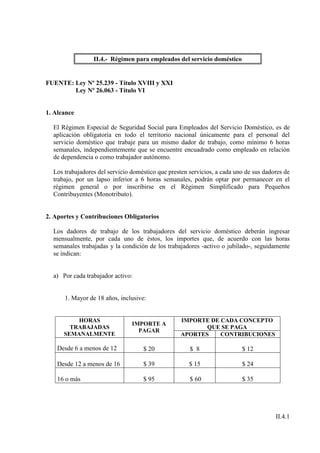 II.4.- Régimen para empleados del servicio doméstico


FUENTE: Ley Nº 25.239 - Título XVIII y XXI
        Ley Nº 26.063 - Título VI


1. Alcance

  El Régimen Especial de Seguridad Social para Empleados del Servicio Doméstico, es de
  aplicación obligatoria en todo el territorio nacional únicamente para el personal del
  servicio doméstico que trabaje para un mismo dador de trabajo, como mínimo 6 horas
  semanales, independientemente que se encuentre encuadrado como empleado en relación
  de dependencia o como trabajador autónomo.

  Los trabajadores del servicio doméstico que presten servicios, a cada uno de sus dadores de
  trabajo, por un lapso inferior a 6 horas semanales, podrán optar por permanecer en el
  régimen general o por inscribirse en el Régimen Simplificado para Pequeños
  Contribuyentes (Monotributo).


2. Aportes y Contribuciones Obligatorios

  Los dadores de trabajo de los trabajadores del servicio doméstico deberán ingresar
  mensualmente, por cada uno de éstos, los importes que, de acuerdo con las horas
  semanales trabajadas y la condición de los trabajadores -activo o jubilado-, seguidamente
  se indican:


  a) Por cada trabajador activo:


      1. Mayor de 18 años, inclusive:


          HORAS                                    IMPORTE DE CADA CONCEPTO
                                IMPORTE A
        TRABAJADAS                                        QUE SE PAGA
                                  PAGAR
      SEMANALMENTE                                 APORTES    CONTRIBUCIONES

    Desde 6 a menos de 12           $ 20              $ 8                 $ 12

    Desde 12 a menos de 16          $ 39              $ 15                $ 24

    16 o más                        $ 95              $ 60                $ 35




                                                                                       II.4.1
 