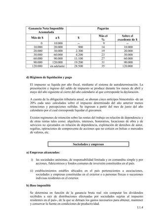 Ganancia Neta Imponible                               Pagarán
      Acumulada
                                                        Más el            Sobre el
   Más de $           a$               $
                                                         %             excedente de $
         0           10.000            --                 9                  --
    10.000           20.000             900              14                10.000
    20.000           30.000           2.300              19                20.000
    30.000           60.000           4.200              23                30.000
    60.000           90.000          11.100              27                60.000
    90.000         120.000           19.200              31                90.000
   120.000        en adelante        28.500              35               120.000


d) Régimen de liquidación y pago

  El impuesto se liquida por año fiscal, mediante el sistema de autodeterminación. La
  presentación e ingreso del saldo de impuesto se produce durante los meses de abril y
  mayo del año siguiente al cierre del año calendario al que corresponde la declaración.

  A cuenta de la obligación tributaria anual, se abonan cinco anticipos bimestrales -de un
  20% cada uno- calculados sobre el impuesto determinado del año anterior menos
  retenciones y percepciones sufridas. Se ingresan a partir del mes de junio del año
  calendario por el cual corresponde liquidar el gravamen.

  Existen regímenes de retención sobre las rentas del trabajo en relación de dependencia y
  de otras rentas tales como: alquileres, intereses, honorarios, locaciones de obra y de
  servicios no ejecutados en relación de dependencia, explotación de derechos de autor,
  regalías, operaciones de compraventa de acciones que no coticen en bolsas o mercados
  de valores, etc.


                                    Sociedades y empresas

a) Empresas alcanzadas:

   i) las sociedades anónimas, de responsabilidad limitada y en comandita simple y por
      acciones, fideicomisos y fondos comunes de inversión constituidos en el país.

  ii) establecimientos estables ubicados en el país pertenecientes a asociaciones,
      sociedades y empresas constituidas en el exterior o a personas físicas o sucesiones
      indivisas residentes en el exterior.

b) Base imponible

  Se determina en función de la ganancia bruta real -sin computar los dividendos
  recibidos a raíz de distribuciones efectuadas por sociedades sujetas al impuesto
  residentes en el país-, de la que se detraen los gastos necesarios para obtener, mantener
  y conservar la fuente en condiciones de productividad.
                                                                                       I.1.4
 