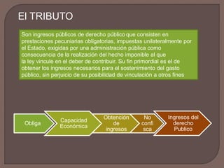 El TRIBUTO
Son ingresos públicos de derecho público que consisten en
prestaciones pecuniarias obligatorias, impuestas unilateralmente por
el Estado, exigidas por una administración pública como
consecuencia de la realización del hecho imponible al que
la ley vincule en el deber de contribuir. Su fin primordial es el de
obtener los ingresos necesarios para el sostenimiento del gasto
público, sin perjuicio de su posibilidad de vinculación a otros fines
Obliga
Capacidad
Económica
Obtención
de
ingresos
No
confi
sca
Ingresos del
derecho
Publico
 