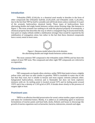 Introduction	
  
	
  
	
   Tributyltin	
  (TBT),	
  (C4H9)3Sn,	
  is	
  a	
  chemical	
  used	
  mostly	
  in	
  biocides	
  in	
  the	
  form	
  of	
  
other	
   compounds	
   like	
   tributyltin	
   hydride,	
   (C4H9)3SnH,	
   and	
   tributyltin	
   oxide,	
   C24H54OSn2,	
  
due	
  to	
  the	
  fact	
  that	
  TBT	
  by	
  itself	
  is	
  unstable	
  and	
  will	
  break	
  down	
  unless	
  combined.	
  It	
  is	
  part	
  
of	
   the	
   aromatic	
   hydrocarbon	
   chemical	
   family.	
   These	
   types	
   of	
   hydrocarbons	
   have	
  
alternating	
  double	
  and	
  single	
  bonds	
  between	
  carbon	
  atoms	
  forming	
  rings,	
  like	
  benzene	
  in	
  
Figure	
  1.	
  The	
  term	
  aromatic	
  has	
  nothing	
  to	
  do	
  with	
  the	
  physical	
  property	
  of	
  aromaticity,	
  a	
  
chemical	
  property	
  that	
  describes	
  the	
  way	
  in	
  which	
  a	
  conjugated	
  ring	
  of	
  unsaturated	
  bonds,	
  
lone	
  pairs	
  or	
  empty	
  orbitals	
  exhibit	
  a	
  stabilization	
  stronger	
  than	
  would	
  be	
  expected	
  by	
  the	
  
stabilization	
   of	
   conjugation	
   alone,	
   but	
   rather	
   to	
   the	
   fact	
   that	
   these	
   chemical	
   compounds	
  
have	
  a	
  scent,	
  sweet	
  in	
  most	
  cases.	
  
	
  
	
  
Figure	
  1.	
  Benzene	
  model	
  where	
  the	
  circle	
  denotes	
  
the	
  alternating	
  double	
  and	
  single	
  bonds	
  between	
  carbon	
  atoms.	
  
	
  
	
   The	
  most	
  common	
  TBT	
  compound	
  is	
  the	
  tributyltin	
  oxide	
  (TBTO)	
  and	
  has	
  been	
  the	
  
subject	
  of	
  most	
  TBT	
  tests.	
  This	
  compound	
  and	
  other	
  eight	
  TBT	
  compounds	
  are	
  referred	
  to	
  
as	
  organotins.	
  
Characteristics	
  
	
  
	
   TBT	
  compounds	
  are	
  liquids	
  often	
  colorless,	
  unlike	
  TBTO	
  that	
  tends	
  to	
  have	
  a	
  slightly	
  
yellow	
  color,	
  and	
  have	
  an	
  odor	
  similar	
  to	
  gasoline.	
  TBTO	
  is	
  insoluble	
  in	
  water	
  due	
  to	
  the	
  
fact	
   that	
   they	
   react,	
   but	
   is	
   soluble	
   in	
   hexane	
   and	
   most	
   organic	
   solvents	
   (ethanol,	
   ether,	
  
halogenated	
   hydrocarbons,	
   etcetera)	
   and	
   is	
   flammable	
   but	
   does	
   not	
   form	
   explosive	
  
mixtures	
   with	
   air.	
   Its	
   melting	
   point	
   is	
   located	
   around	
   53ºC	
   and	
   its	
   boiling	
   point	
   around	
  
193ºC	
  and	
  it	
  has	
  a	
  density	
  of	
  1.103	
  g/ml	
  at	
  20ºC.	
  It	
  breaks	
  down	
  slowly	
  in	
  the	
  presence	
  of	
  
oxygen,	
  light	
  or	
  heat.	
  
Prominent	
  uses	
  
	
  
	
   TBTO	
  is	
  an	
  effective	
  biocidal	
  preservative	
  for	
  wood,	
  cotton	
  textiles,	
  paper	
  and	
  paints	
  
and	
  stains	
  for	
  residential	
  homes.	
  Mainly,	
  it	
  is	
  added	
  as	
  an	
  antifouling	
  agent	
  in	
  numerous	
  
formulations	
  of	
  marine	
  paints	
  and	
  boat	
  hulls,	
  docks,	
  fishnets	
  and	
  buoys	
  to	
  discourage	
  the	
  
growth	
  of	
  marine	
  organisms	
  such	
  as	
  barnacles,	
  bacteria,	
  tubeworms,	
  mussels	
  and	
  algae.	
  
 
