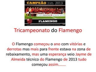 Tricampeonato do Flamengo
O Flamengo começou o ano com vitórias e
derrotas mas mais para frente estava na zona de
rebaixamento, mas uma esperança veio Jayme de
Almeida técnico do Flamengo de 2013 tudo
começou assim.......

 