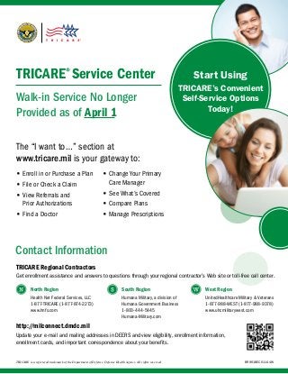 TRICARE® Service Center
Walk-in Service No Longer
Provided as of April 1

Start Using
TRICARE’s Convenient
Self-Service Options
Today!

The “I want to    section at
…”
www.tricare.mil is your gateway to:
•• Enroll in or Purchase a Plan
•• File or Check a Claim

•• Change Your Primary
Care Manager

•• View Referrals and
Prior Authorizations

•• See What’s Covered

•• Find a Doctor

•• Manage Prescriptions

•• Compare Plans

Contact Information
TRICARE Regional Contractors
Get enrollment assistance and answers to questions through your regional contractor’s Web site or toll-free call center.
North Region

South Region

West Region

Health Net Federal Services, LLC
1-877-TRICARE (1-877-874-2273)
www.hnfs.com

Humana Military, a division of
Humana Government Business
1-800-444-5445
Humana-Military.com

UnitedHealthcare Military & Veterans
1-877-988-WEST (1-877-988-9378)
www.uhcmilitarywest.com

http:/
/milconnect.dmdc.mil
Update your e-mail and mailing addresses in DEERS and view eligibility, enrollment information,
enrollment cards, and important correspondence about your benefits.
TRICARE is a registered trademark of the Department of Defense, Defense Health Agency. All rights reserved.	BR961BEC01144W

 